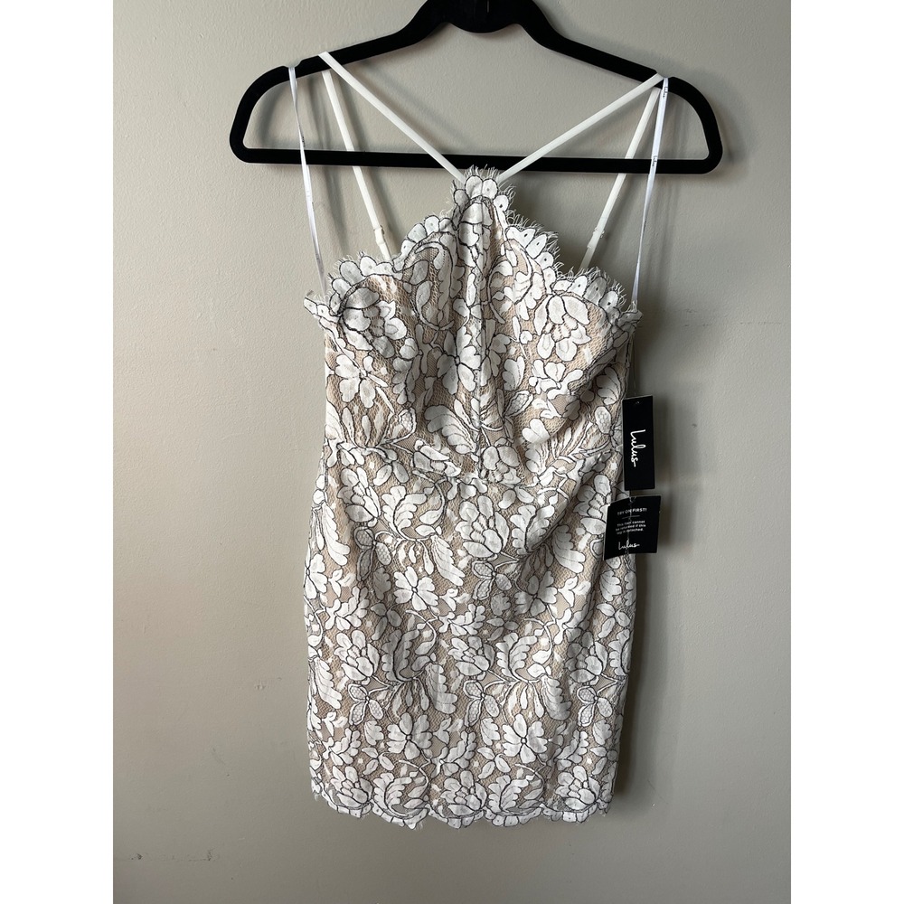 Lulus White Floral Lace Halter Mini Dress Open Back Nude Lining Large New